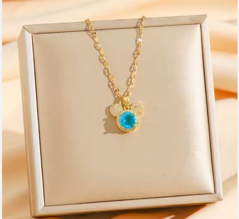 ✨ Collier Femme Plaqué Or 18K – Pendentif Mickey Mouse Serti de Zircons